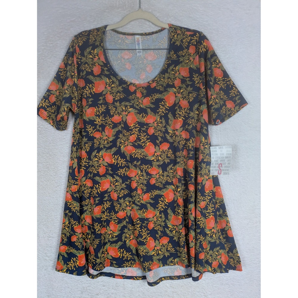 NEW LuLaRoe Perfect T Women's S Navy Blue Floral Scoop Neck Short Sleeve Tunic